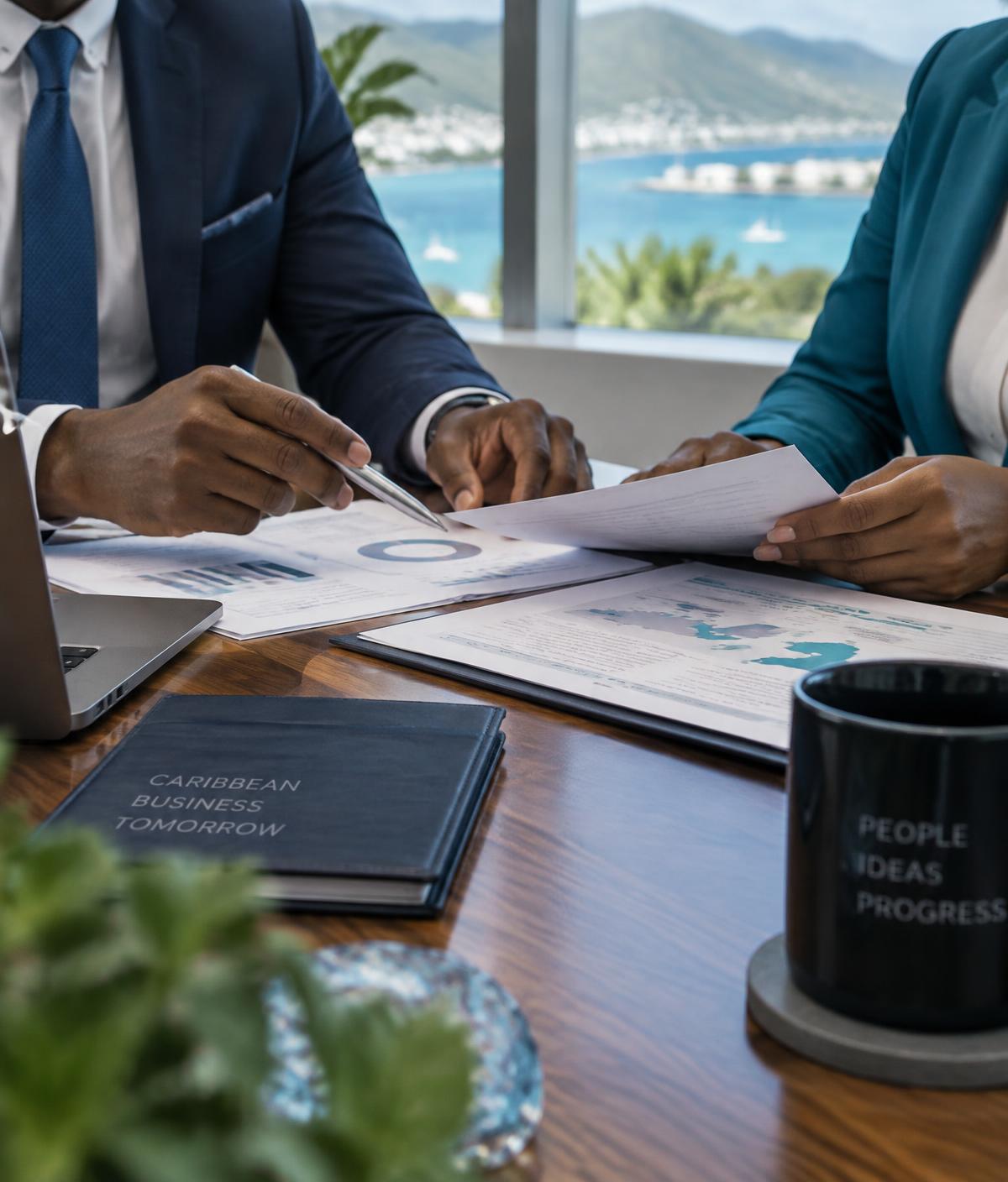 Two professionals reviewing printed documents at a boardroom table
